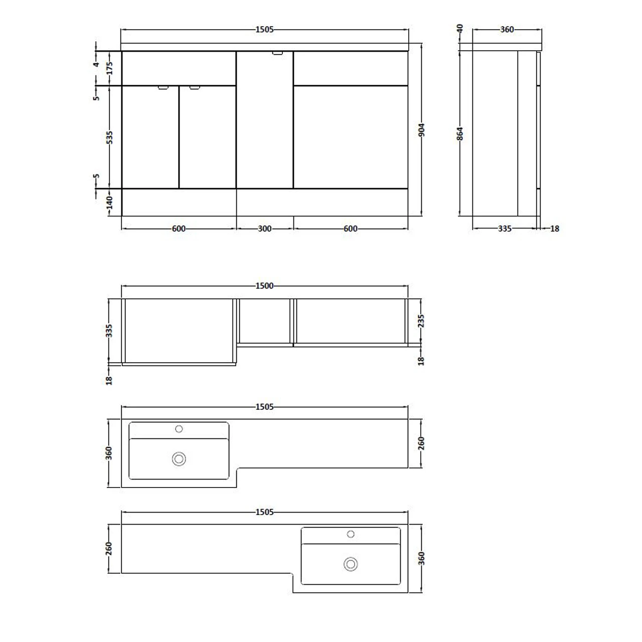 Hudson Reed Gloss White 1500mm Full Depth Combination Vanity, Toilet And Storage Unit With Right Hand Basin - CBI114 - Image 2