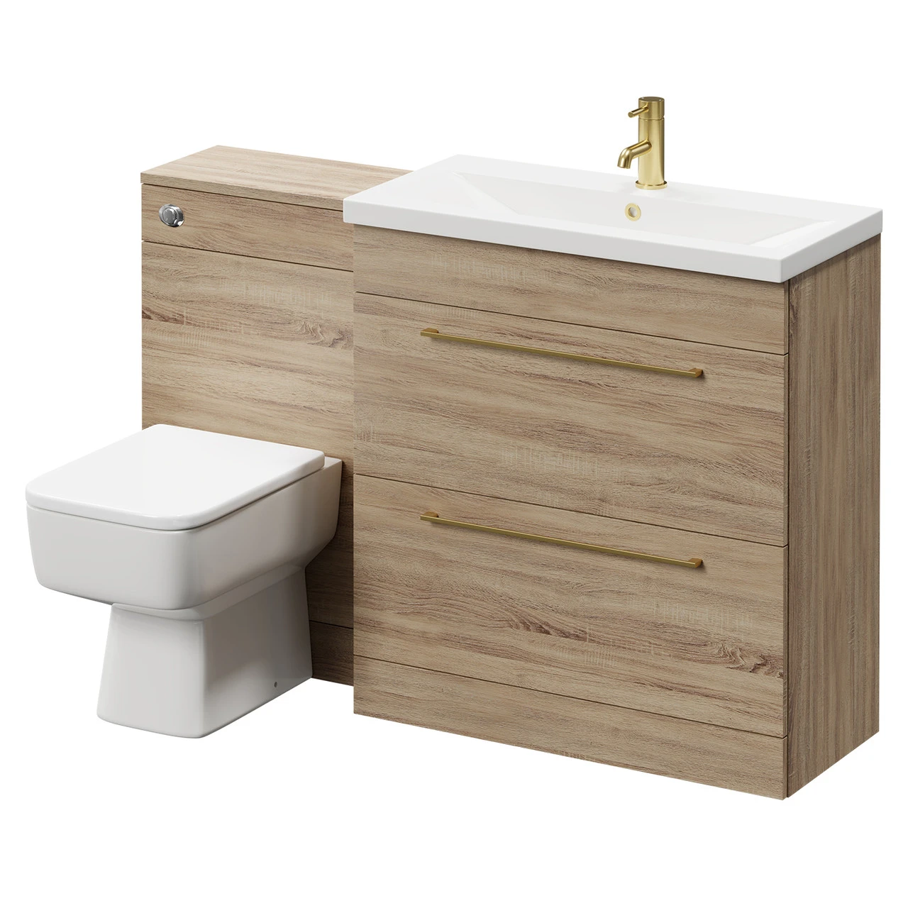 Napoli 390 Bordalino Oak 1300mm Vanity Unit Toilet Suite With 1 Tap Hole Basin And 2 Drawers With Brushed Brass Handles