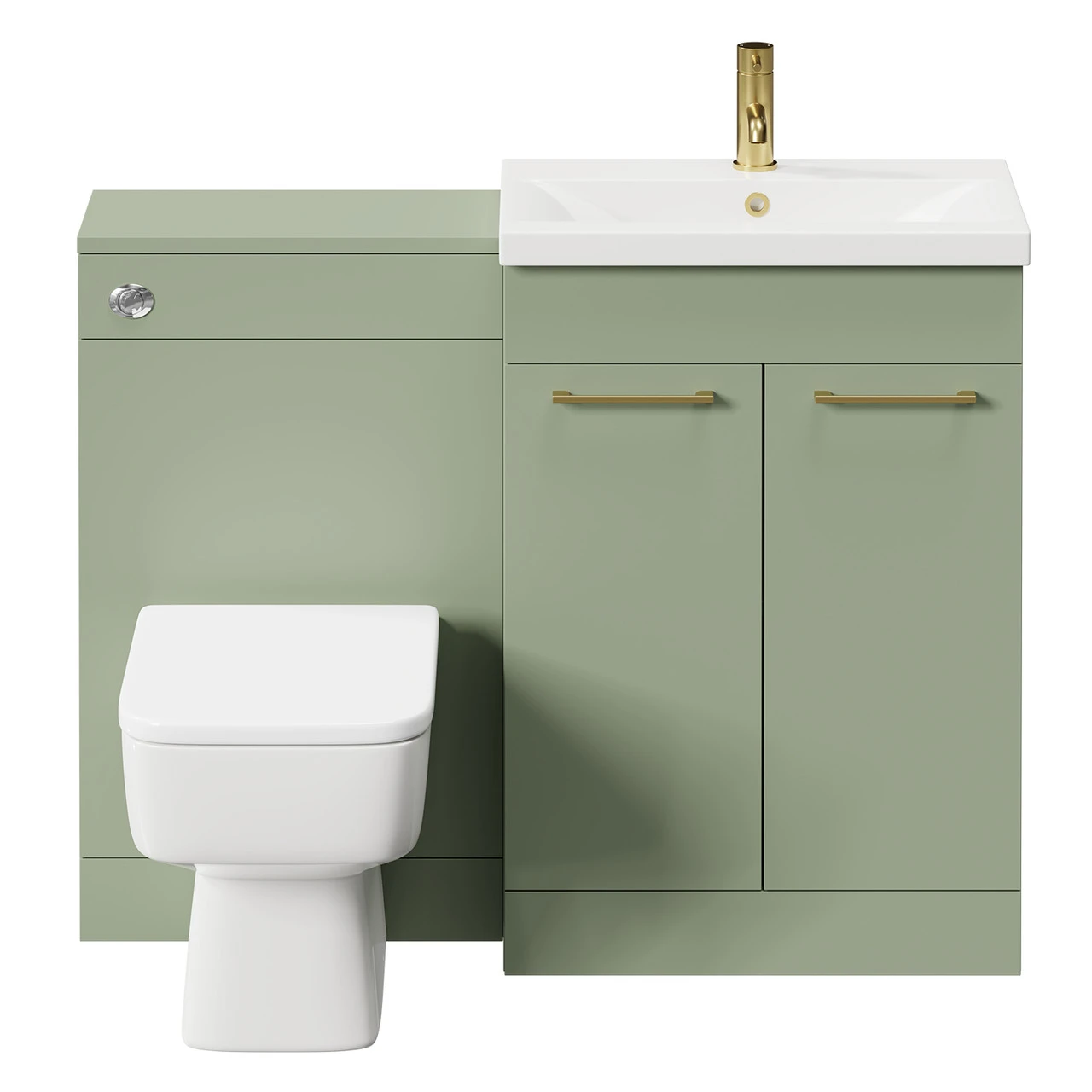 Napoli 390 Olive Green 1100mm Vanity Unit Toilet Suite With 1 Tap Hole Basin And 2 Doors With Brushed Brass Handles - Image 2