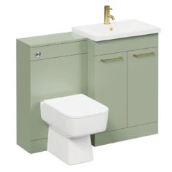 Napoli 390 Olive Green 1100mm Vanity Unit Toilet Suite With 1 Tap Hole Basin And 2 Doors With Brushed Brass Handles -Luxury Bath Shop napoli 390 olive green 1100mm vanity unit toilet suite with 1 tap hole basin and 2 doors with brushed brass handles left 60531.1691752737