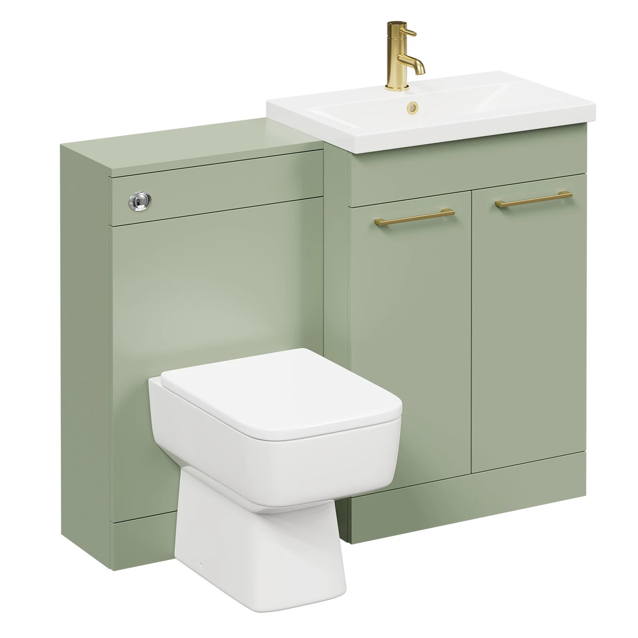 Napoli 390 Olive Green 1100mm Vanity Unit Toilet Suite With 1 Tap Hole Basin And 2 Doors With Brushed Brass Handles - Image 3