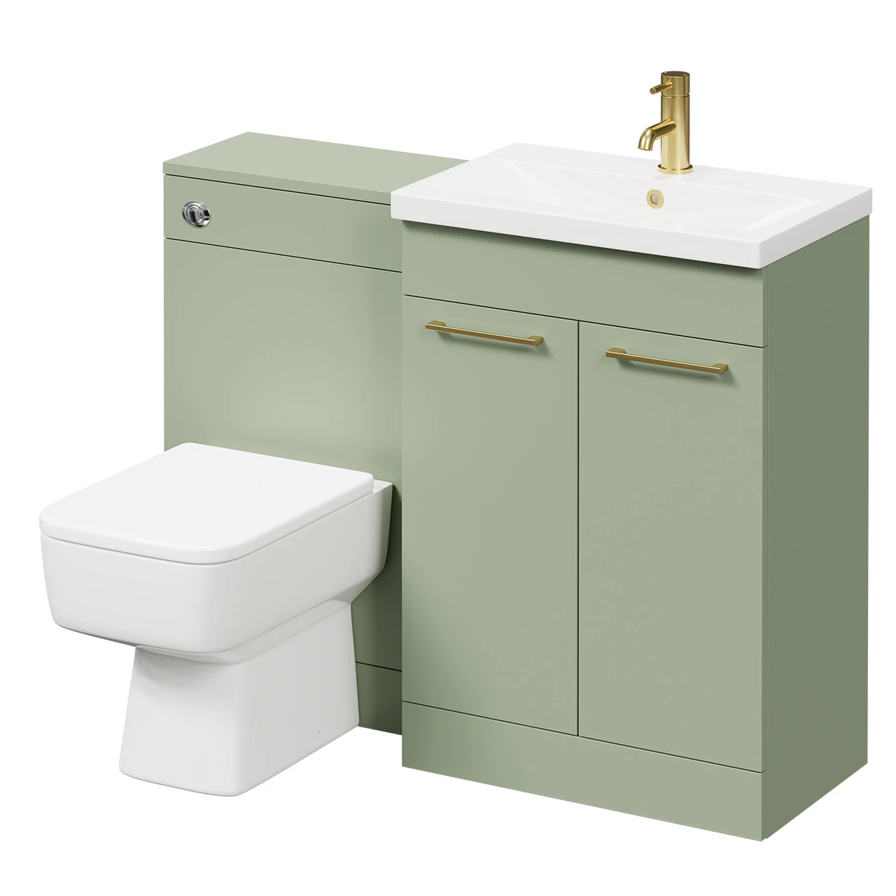 Napoli 390 Olive Green 1100mm Vanity Unit Toilet Suite With 1 Tap Hole Basin And 2 Doors With Brushed Brass Handles