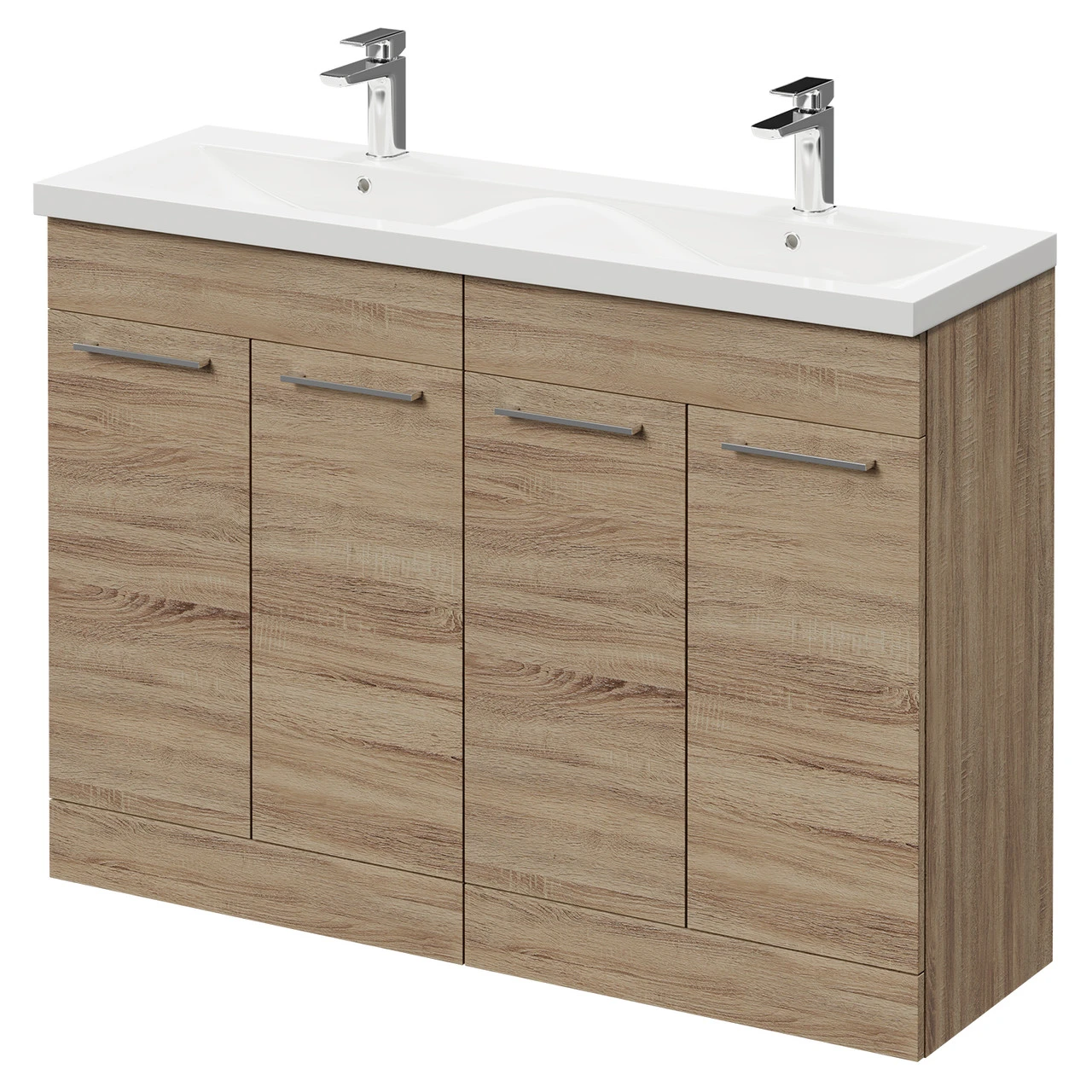 Napoli Bordalino Oak 1200mm Floor Standing Vanity Unit With Ceramic Double Basin And 4 Doors With Polished Chrome Handles