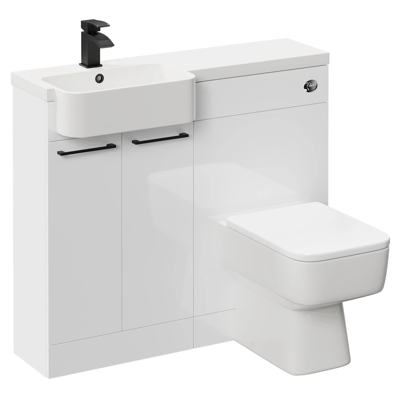 Napoli Combination Gloss White 1000mm Vanity Unit Toilet Suite With Left Hand Round Semi Recessed 1 Tap Hole Basin And 2 Doors With Matt Black Handles - Image 3