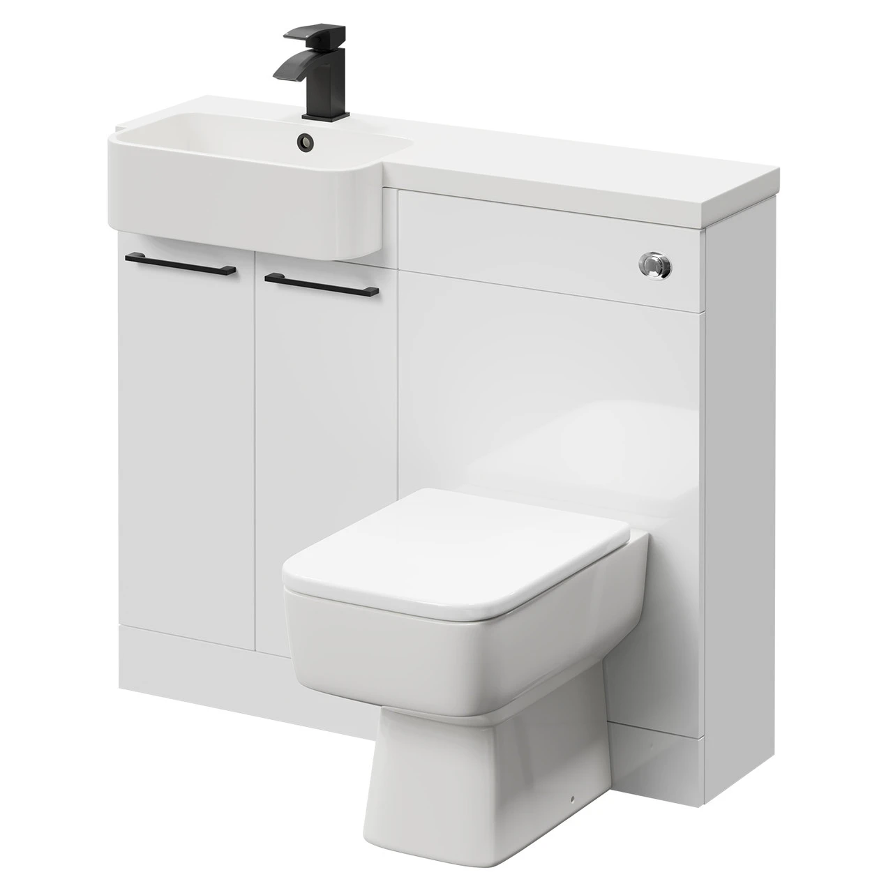 Napoli Combination Gloss White 1000mm Vanity Unit Toilet Suite With Left Hand Round Semi Recessed 1 Tap Hole Basin And 2 Doors With Matt Black Handles
