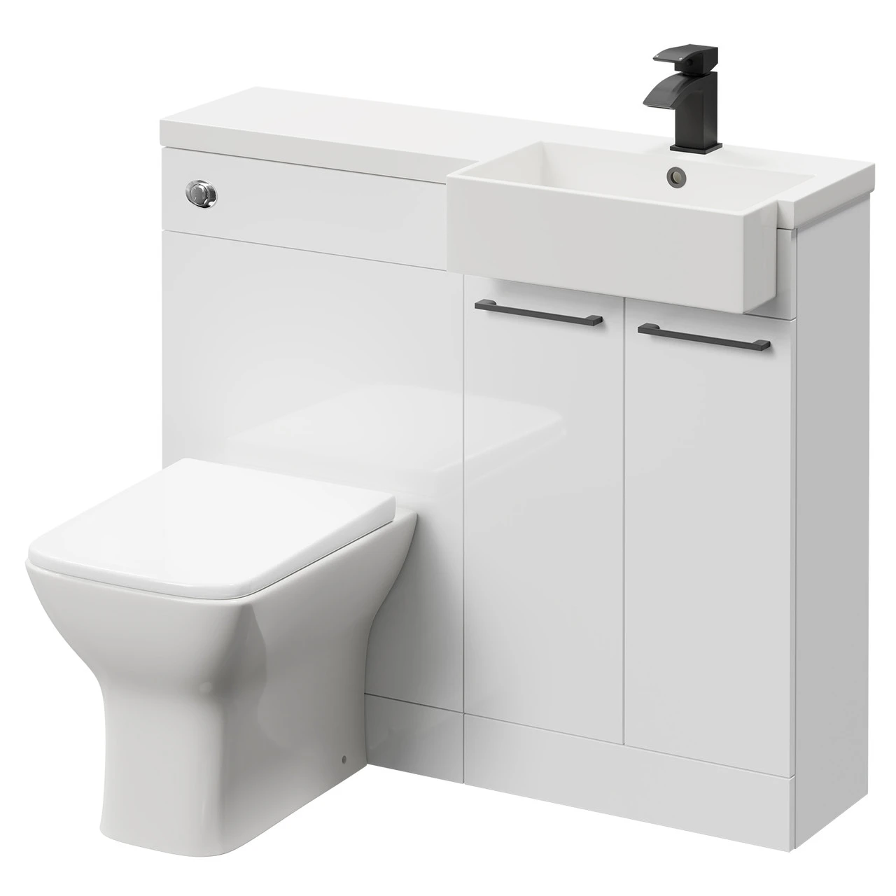 Napoli Combination Gloss White 1000mm Vanity Unit Toilet Suite With Right Hand Square Semi Recessed 1 Tap Hole Basin And 2 Doors With Matt Black Handles