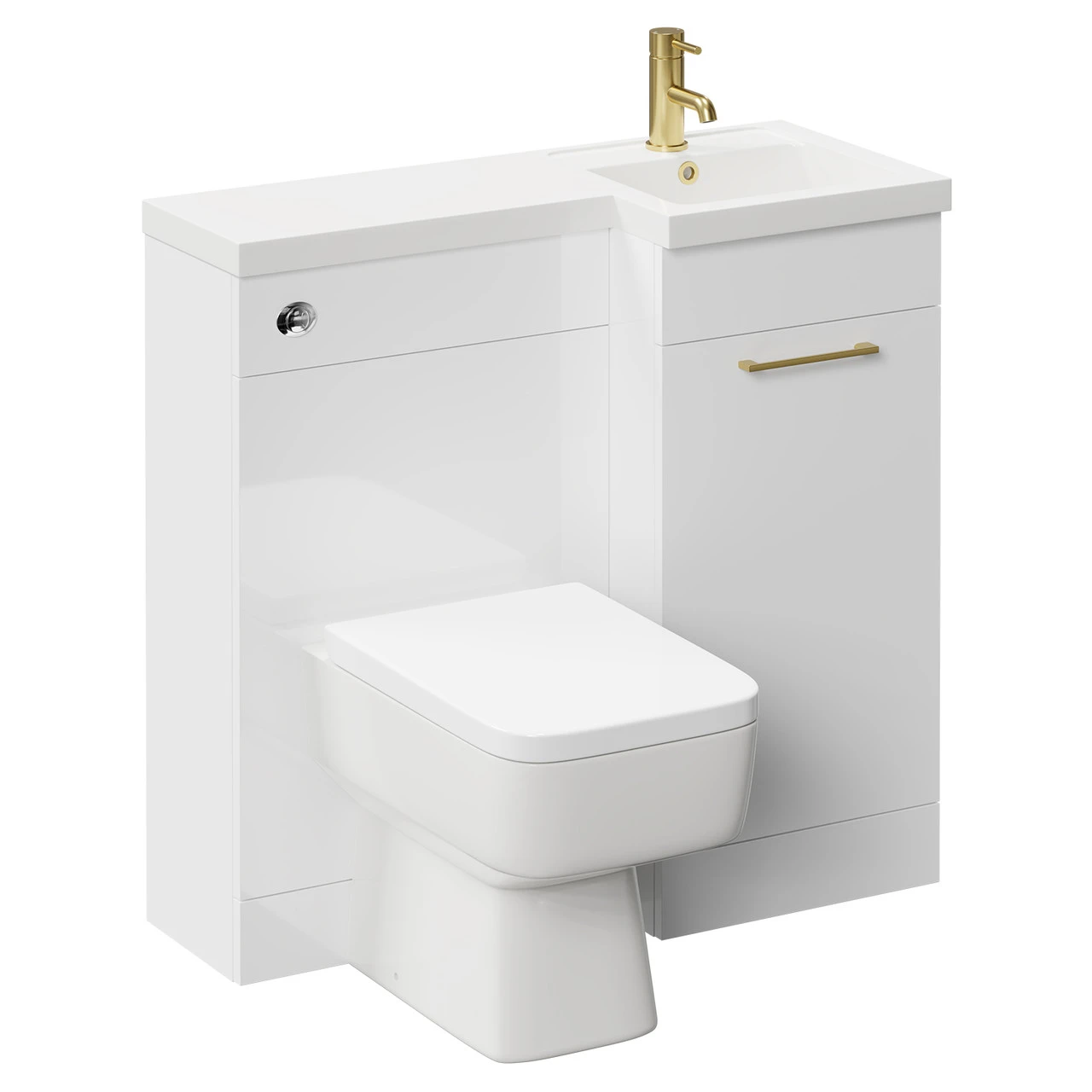 Napoli Combination Gloss White 900mm Vanity Unit Toilet Suite With Right Hand L Shaped 1 Tap Hole Basin And Single Door With Brushed Brass Handle - Image 3