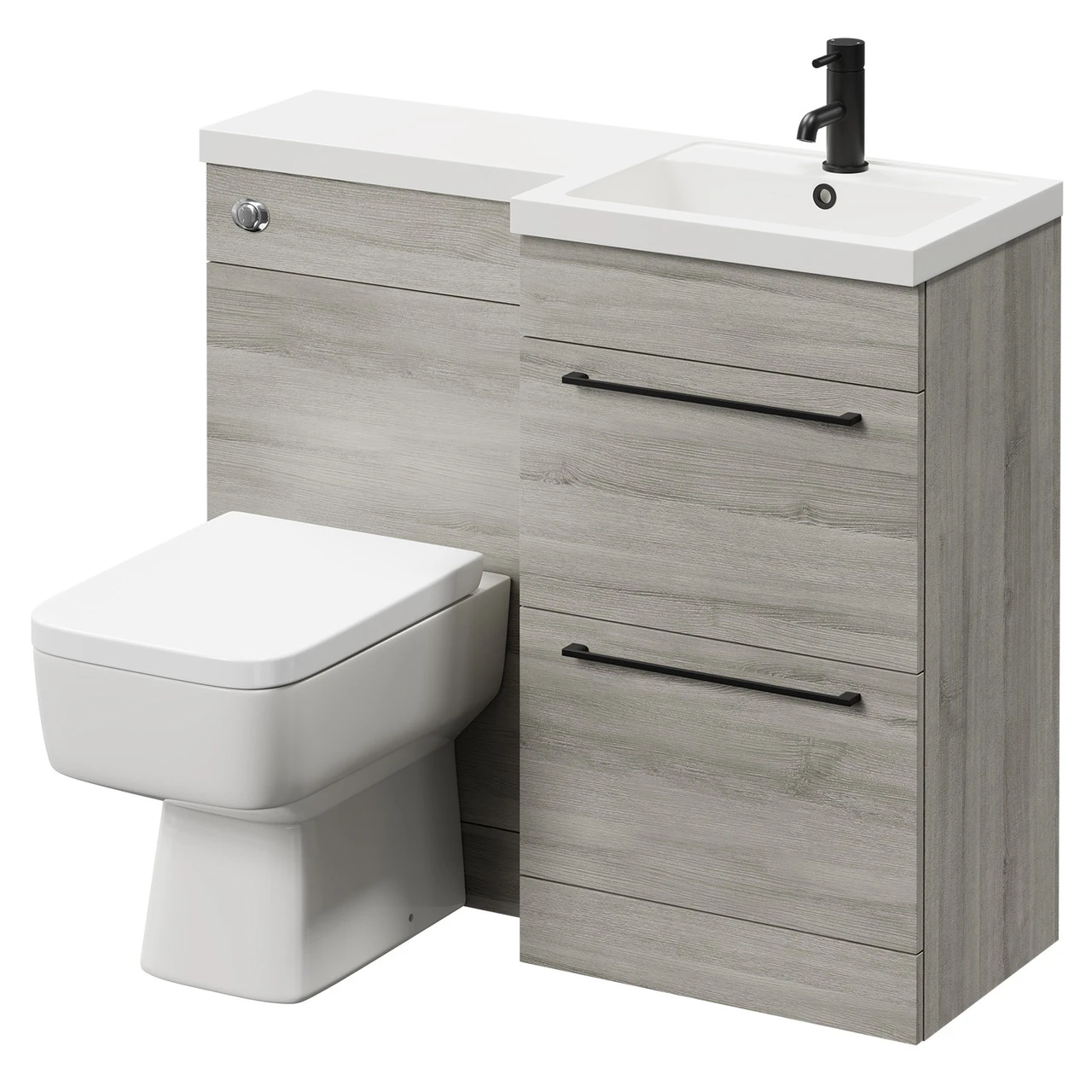 Napoli Combination Molina Ash 1000mm Vanity Unit Toilet Suite With Right Hand L Shaped 1 Tap Hole Basin And 2 Drawers With Matt Black Handles