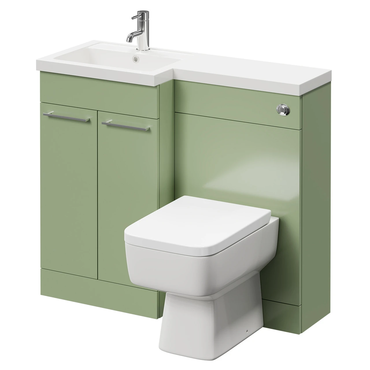 Napoli Combination Olive Green 1000mm Vanity Unit Toilet Suite With Left Hand L Shaped 1 Tap Hole Basin And 2 Doors With Polished Chrome Handles