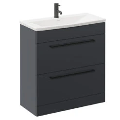 Napoli Gloss Grey 800mm Floor Standing Vanity Unit With 1 Tap Hole Curved Basin And 2 Drawers With Matt Black Handles -Luxury Bath Shop napoli gloss grey 800mm floor standing vanity unit with 1 tap hole curved basin and 2 drawers with matt black handles left 66916.1681980298