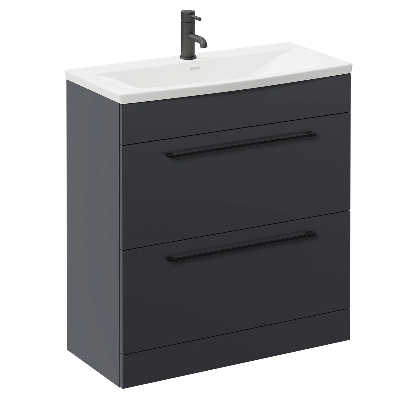 Napoli Gloss Grey 800mm Floor Standing Vanity Unit With 1 Tap Hole Curved Basin And 2 Drawers With Matt Black Handles - Image 3
