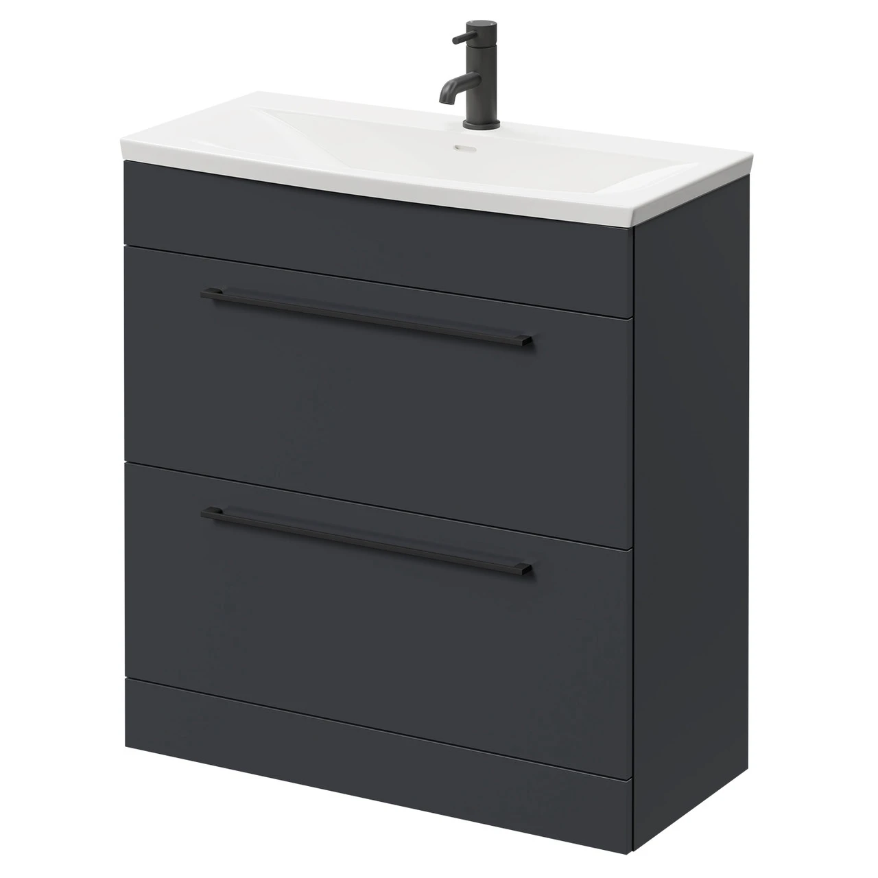 Napoli Gloss Grey 800mm Floor Standing Vanity Unit With 1 Tap Hole Curved Basin And 2 Drawers With Matt Black Handles