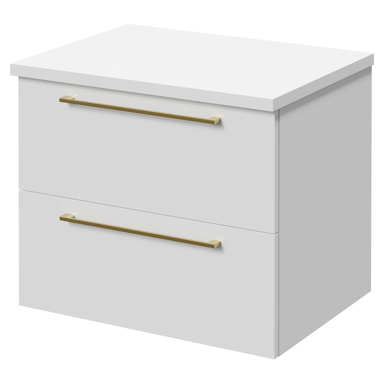 Napoli Gloss White 600mm Wall Mounted Vanity Unit For Countertop Basins With 2 Drawers And Brushed Brass Handles