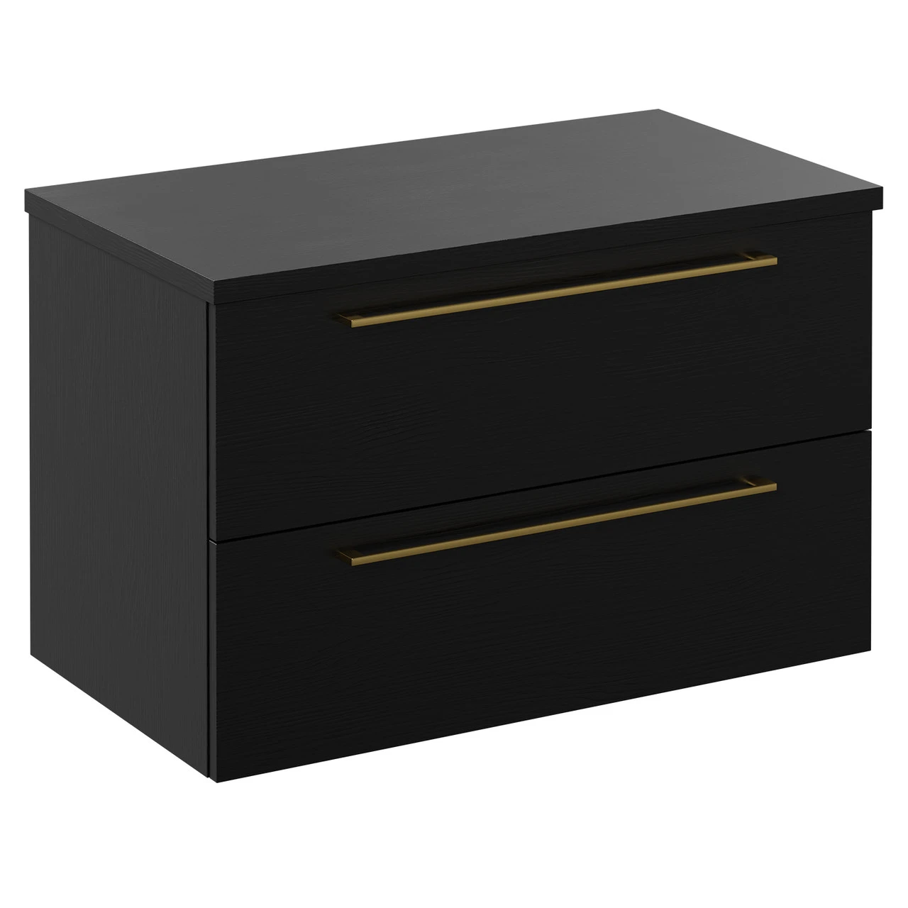 Napoli Nero Oak 800mm Wall Mounted Vanity Unit For Countertop Basins With 2 Drawers And Brushed Brass Handles - Image 3
