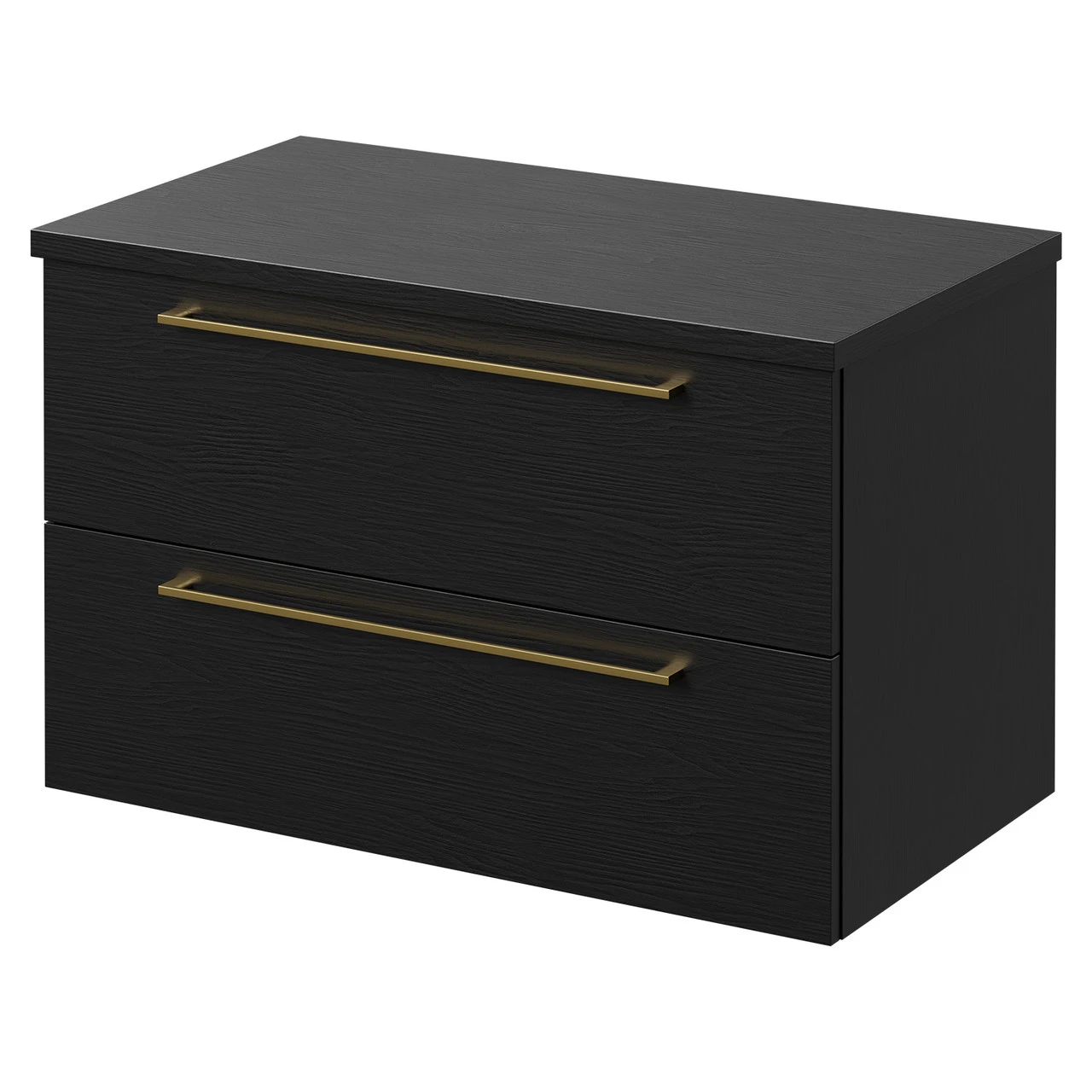 Napoli Nero Oak 800mm Wall Mounted Vanity Unit For Countertop Basins With 2 Drawers And Brushed Brass Handles