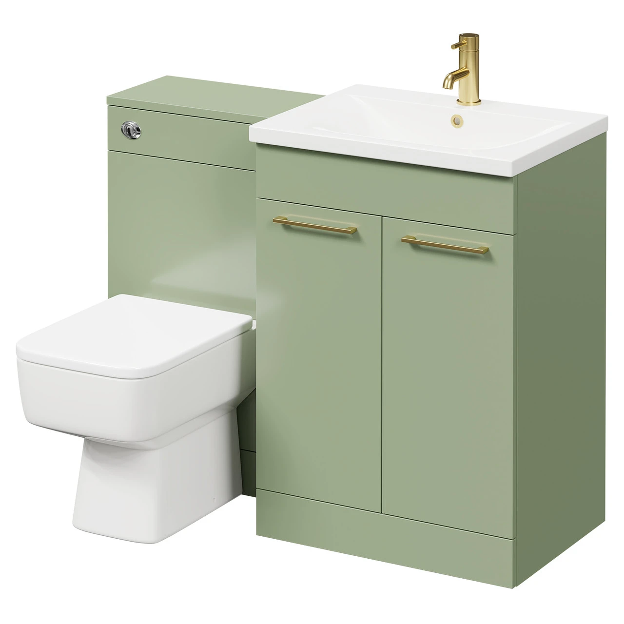 Napoli Olive Green 1100mm Vanity Unit Toilet Suite With 1 Tap Hole Basin And 2 Doors With Brushed Brass Handles