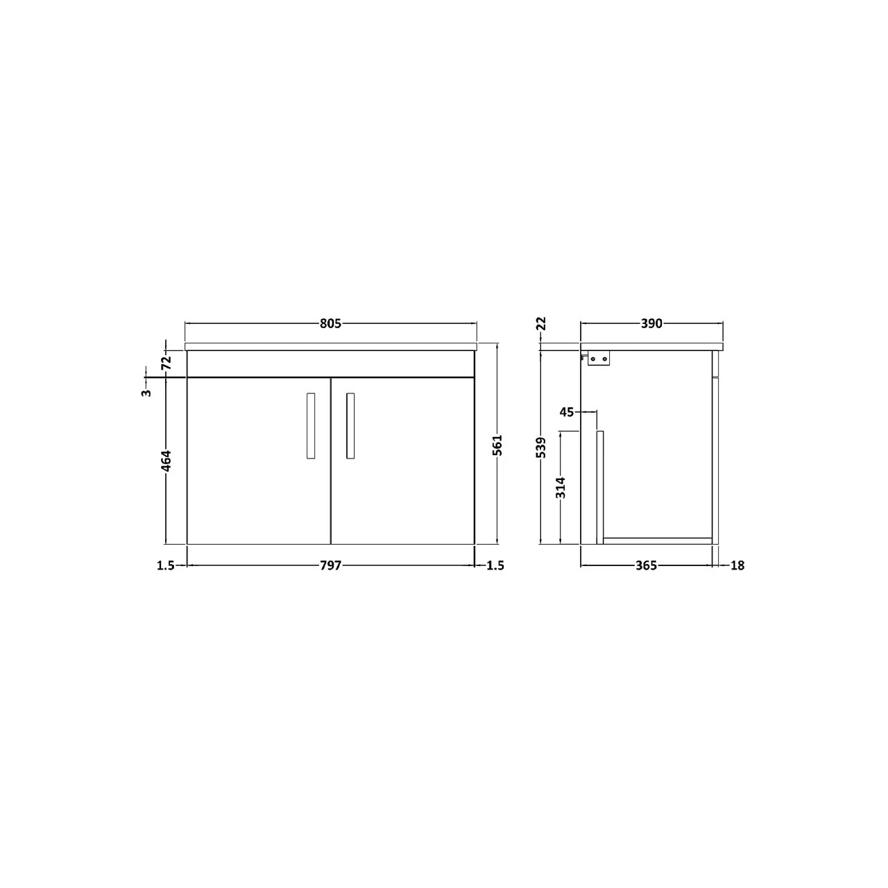 Nuie Athena Driftwood 800mm Wall Hung 2 Door Vanity Unit With Bellato Grey Laminate Worktop - ATH096LBG - Image 2
