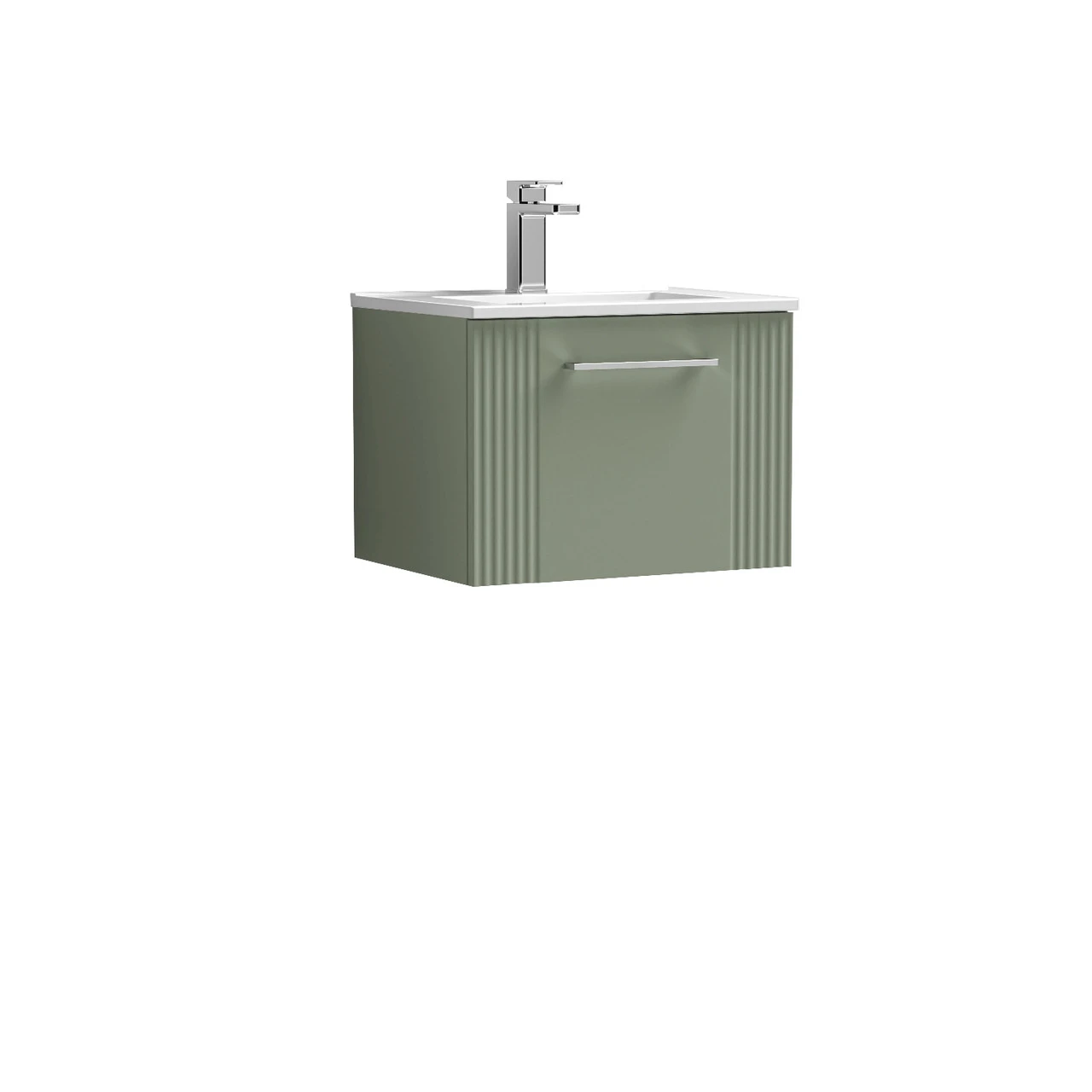 Nuie Deco Satin Green 500mm Wall Hung Single Drawer Vanity Unit With 18mm Profile Basin - DPF891B