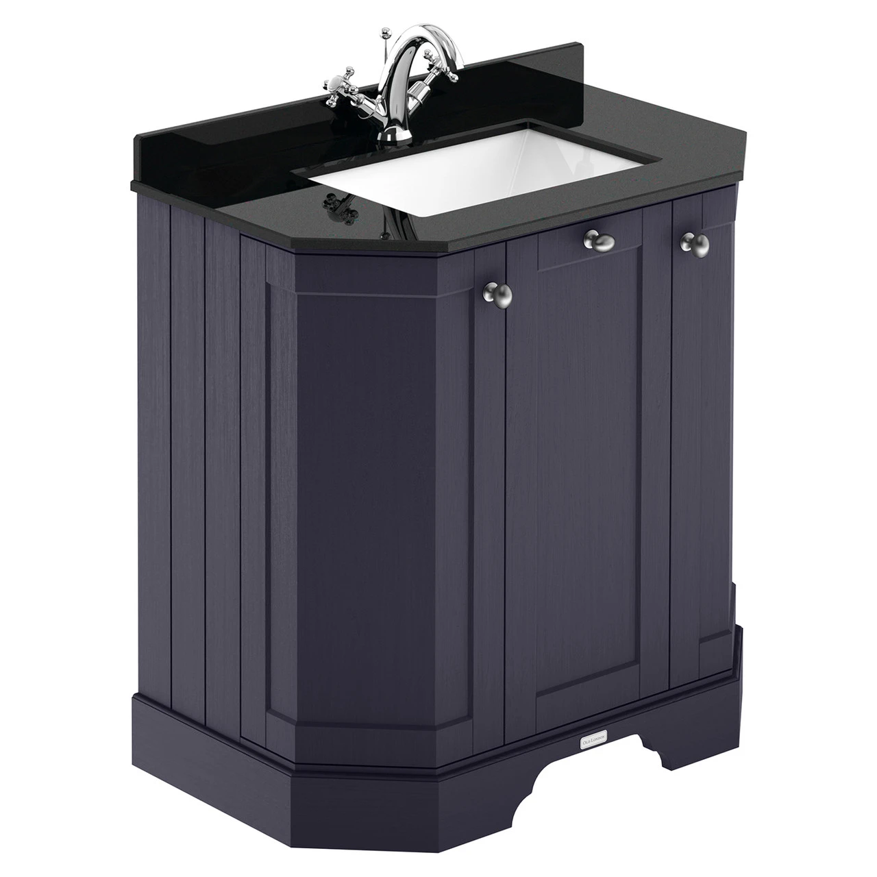 Old London Twilight Blue 750mm Angled 3 Door Vanity Unit With Black Marble Top And Basin With 1 Tap Hole - LOF318
