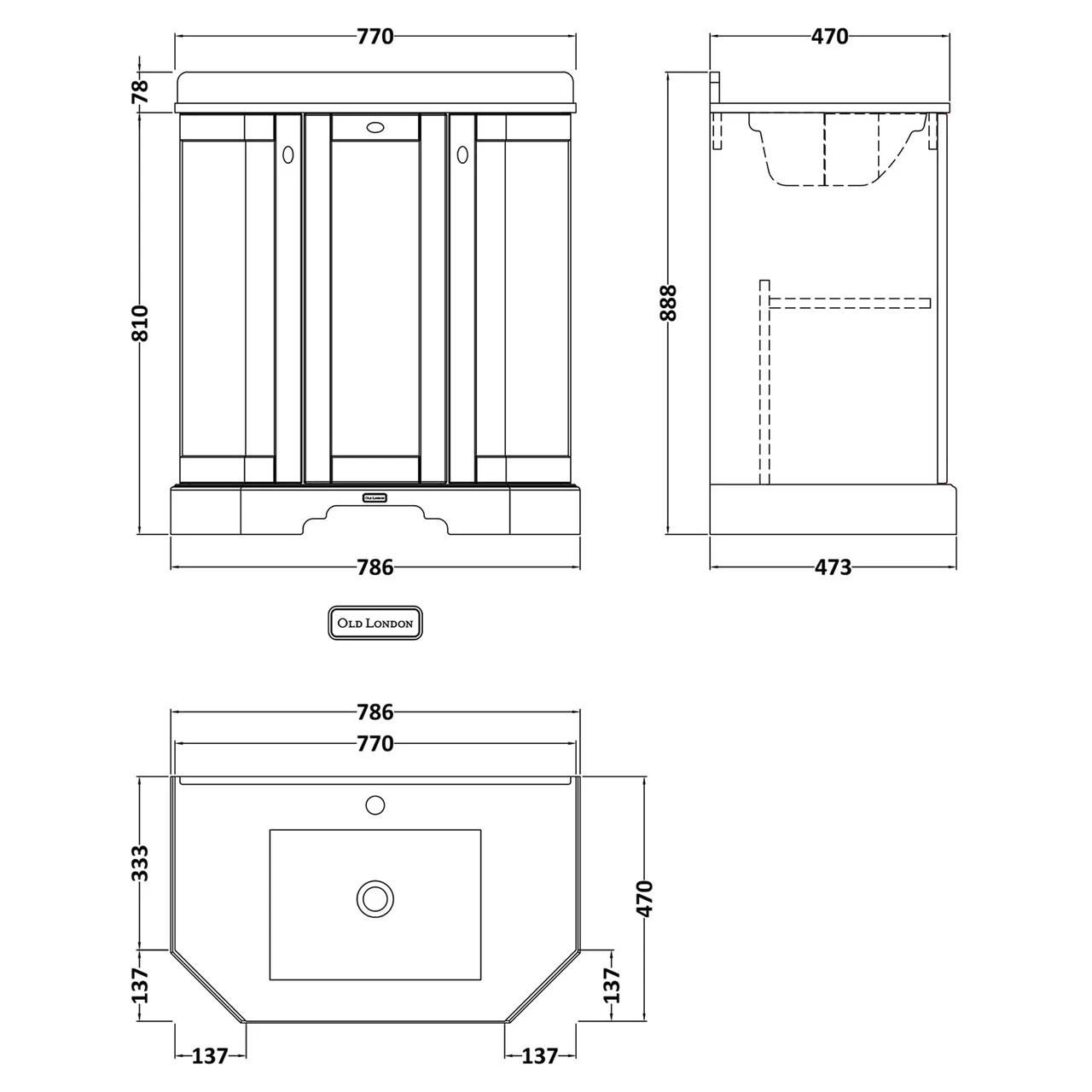 Old London Twilight Blue 750mm Angled 3 Door Vanity Unit With Black Marble Top And Basin With 1 Tap Hole - LOF318 - Image 2