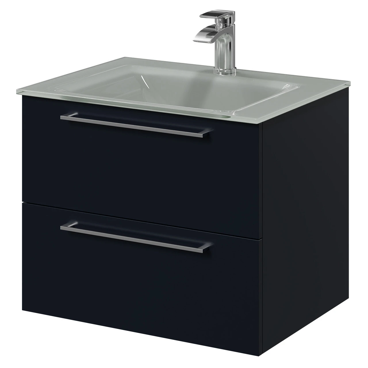 Venice Deep Blue 600mm Wall Mounted Vanity Unit With Grey Glass 1 Tap Hole Basin And 2 Drawers With Polished Chrome Handles