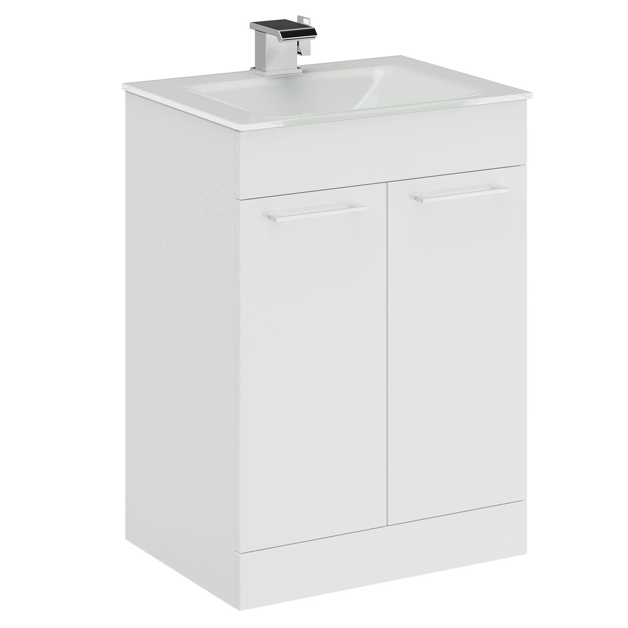 Venice Gloss White 600mm Floor Standing Vanity Unit With White Glass 1 Tap Hole Basin And 2 Doors With Polished Chrome Handles - Image 3
