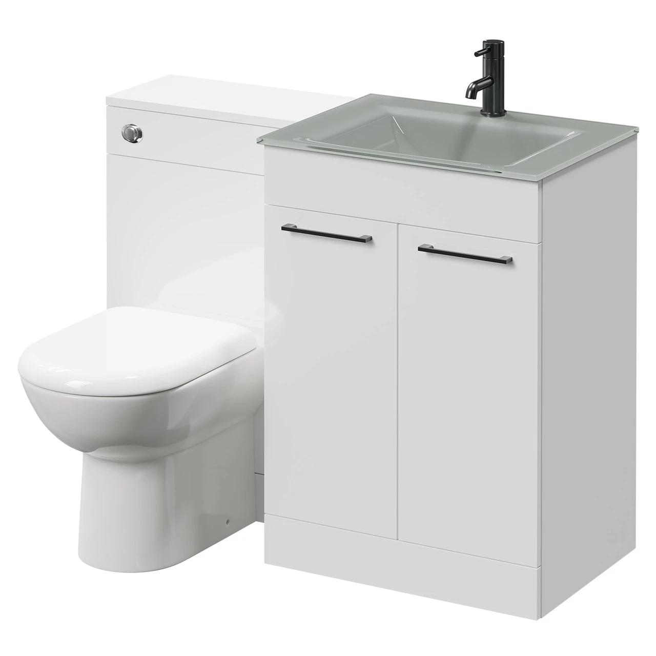 Triton Venice Mono Gloss White 1100mm Vanity Unit Toilet Suite With Grey Glass 1 Tap Hole Basin And 2 Doors With Gunmetal Grey Handles